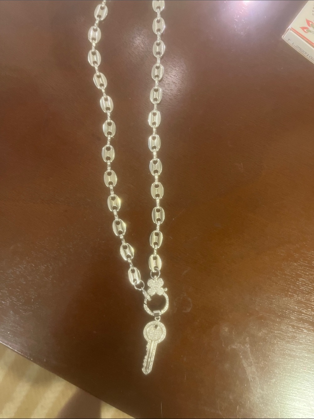 Silver Key Pendant Necklace with Clover Accent